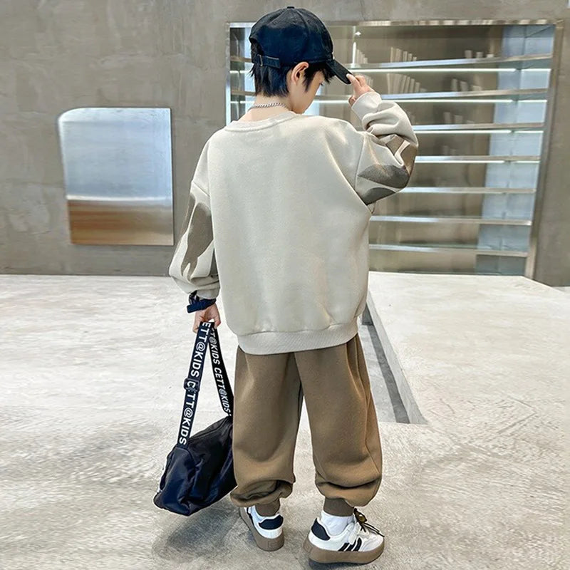 2026 New Boys Spring Autumn Tracksuit Set Kids Fleece Sweatshirt+Pants 2Pcs Loose Casual Street Outfit 3-14Y Children's Clothing