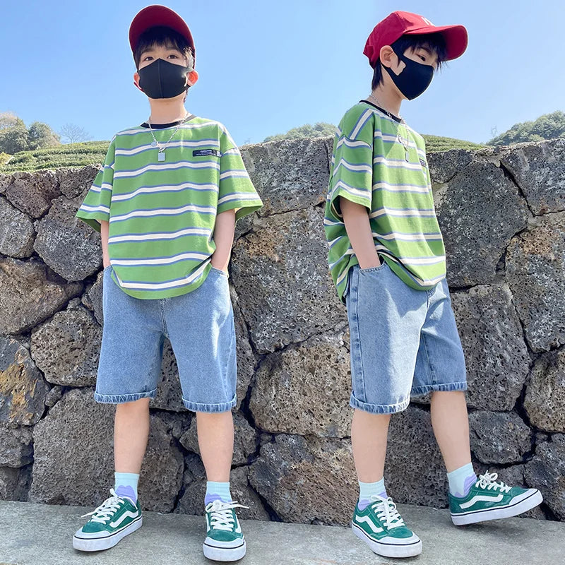 Tween Boy Summer Clothing Set Child Casual Cotton Stripe T-shirt & Denim Shorts 2 Piece Suit Teenage Kids Luxury Clothes Costume