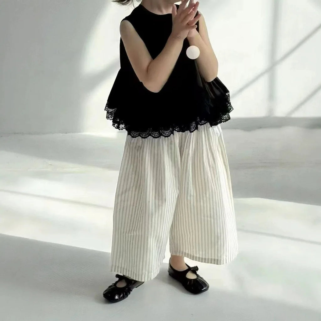 Girls' Set Fashion Doll Shirt Sleeveless Lace Black Vest+ striped Pants Mosquito Proof Pants Summer Girls' Clothing Sets