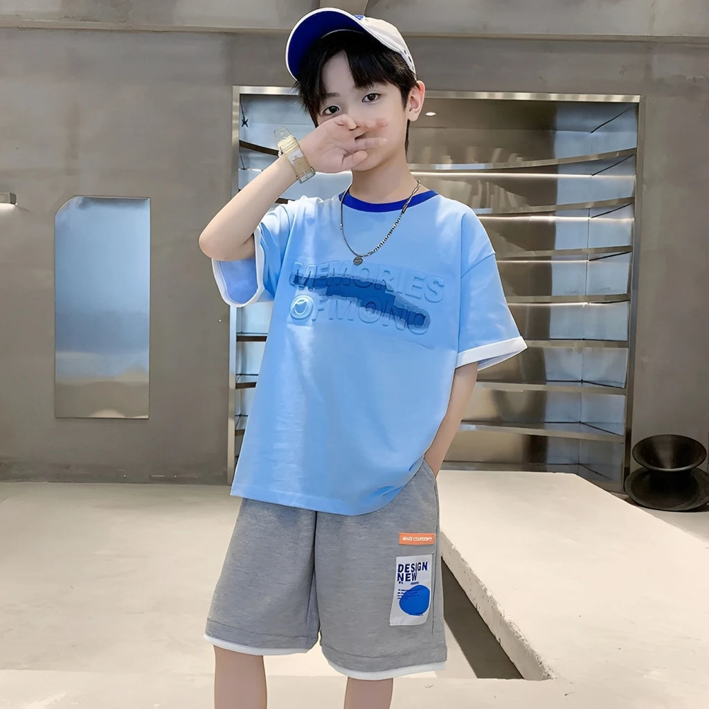 Teen Boys Tracksuit Clothes Sets 2026 Summer Children Gradient Letter Print Short Sleeve T-shirt+Shorts 2Pcs Kids Casual Outfits