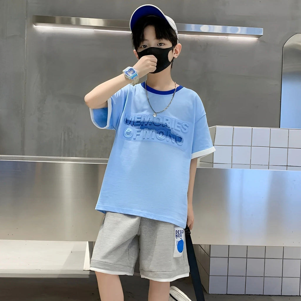 Teen Boys Tracksuit Clothes Sets 2026 Summer Children Gradient Letter Print Short Sleeve T-shirt+Shorts 2Pcs Kids Casual Outfits
