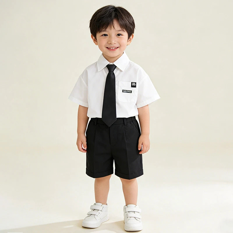 Boys Summer Formal Clothing Set 3PC Gentleman Outfit Short Sleeve Shirt Shorts with Tie for Toddler Kids Party School Daily Wear