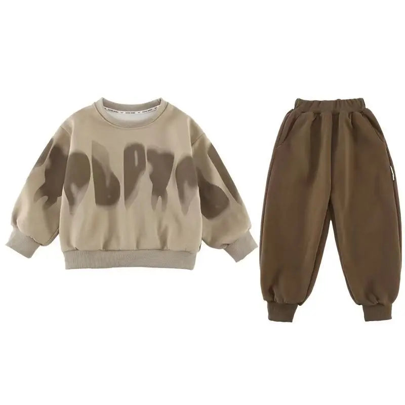 2026 New Boys Spring Autumn Tracksuit Set Kids Fleece Sweatshirt+Pants 2Pcs Loose Casual Street Outfit 3-14Y Children's Clothing