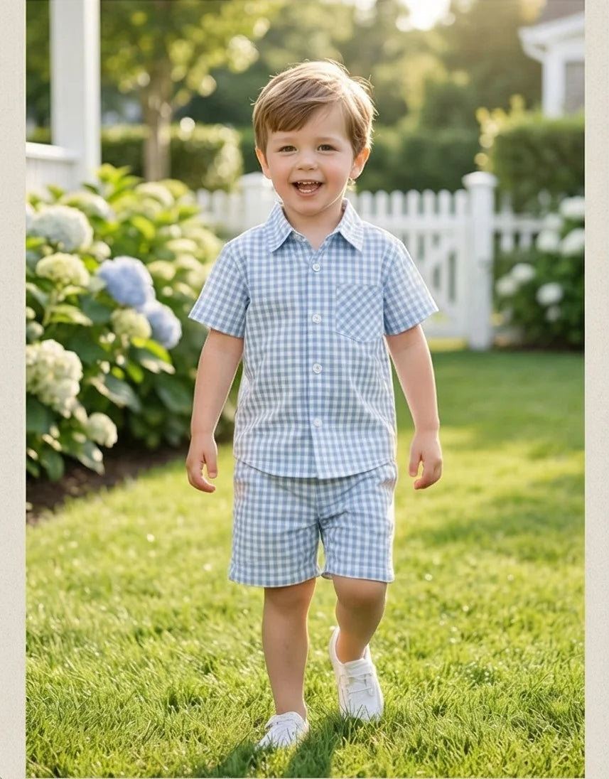 2026 New Summer Casual Children Set Boys Plaid Short Sleeve Shirt+Elastic Waist Shorts 2Pcs Clothes Cotton Thin Kids Suit