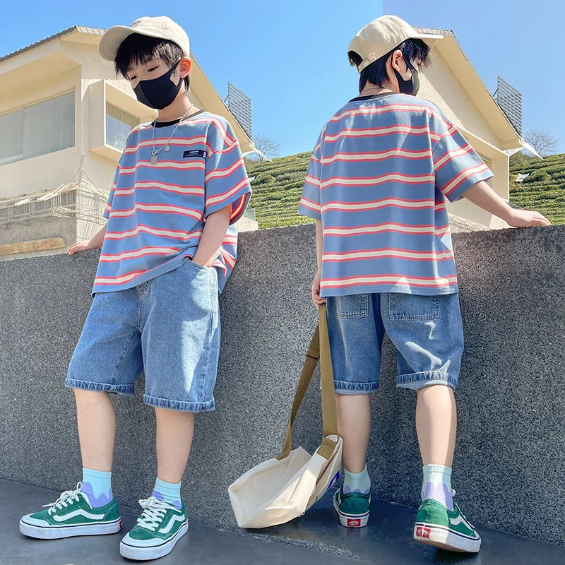 Tween Boy Summer Clothing Set Child Casual Cotton Stripe T-shirt & Denim Shorts 2 Piece Suit Teenage Kids Luxury Clothes Costume