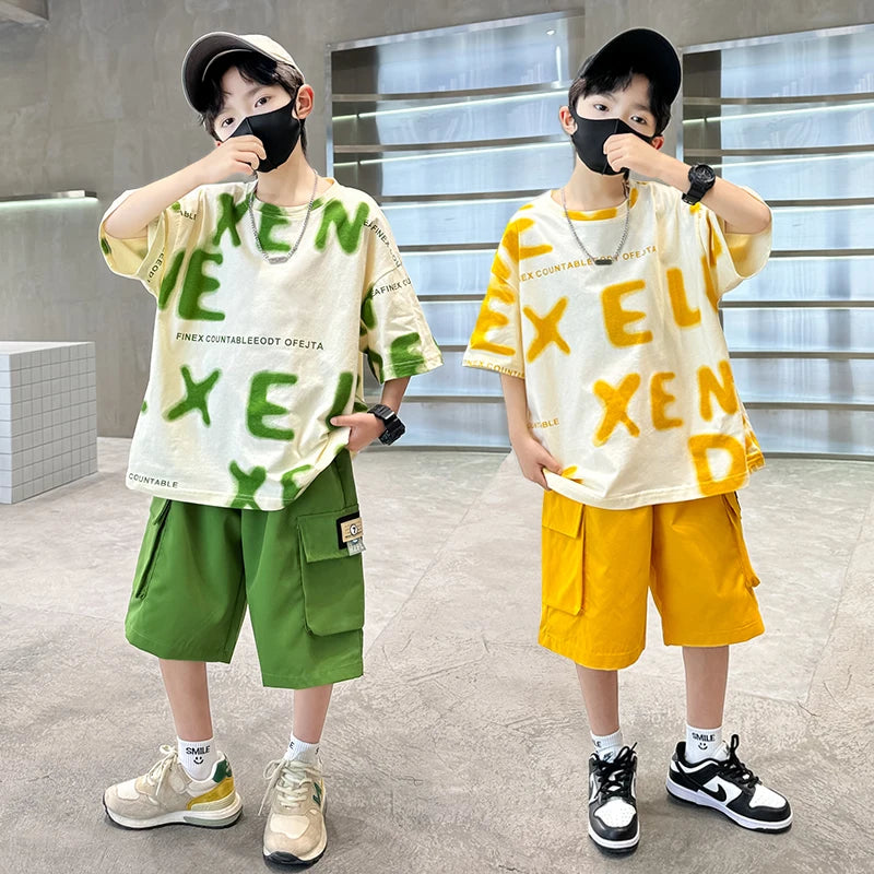 New Fashion Tween Boys Summer Sets Clothing Kids Cotton T-shirt Shorts 2 Pieces Tracksuit Age 5 6 7 8 9 10 11 12 13 14 Years Old
