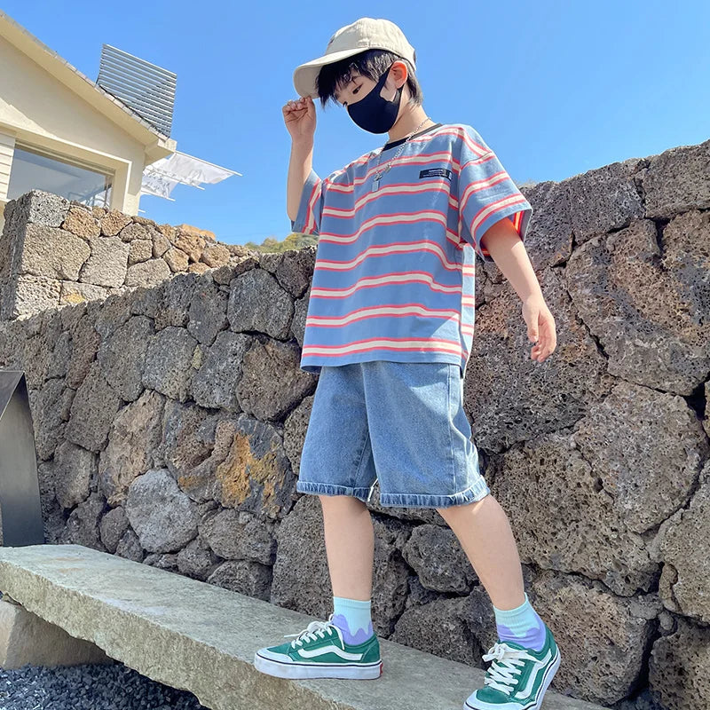 Tween Boy Summer Clothing Set Child Casual Cotton Stripe T-shirt & Denim Shorts 2 Piece Suit Teenage Kids Luxury Clothes Costume