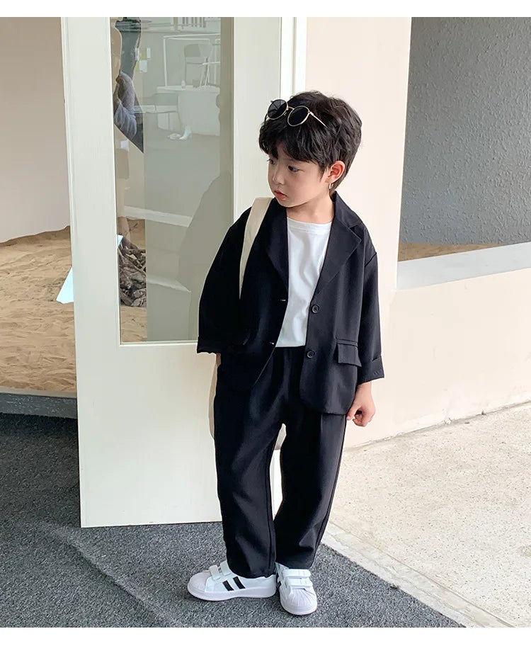 Children Suit Set Spring and Autumn Handsome Loose Casual Boys Black Korean Jacket Children Two-piece Set
