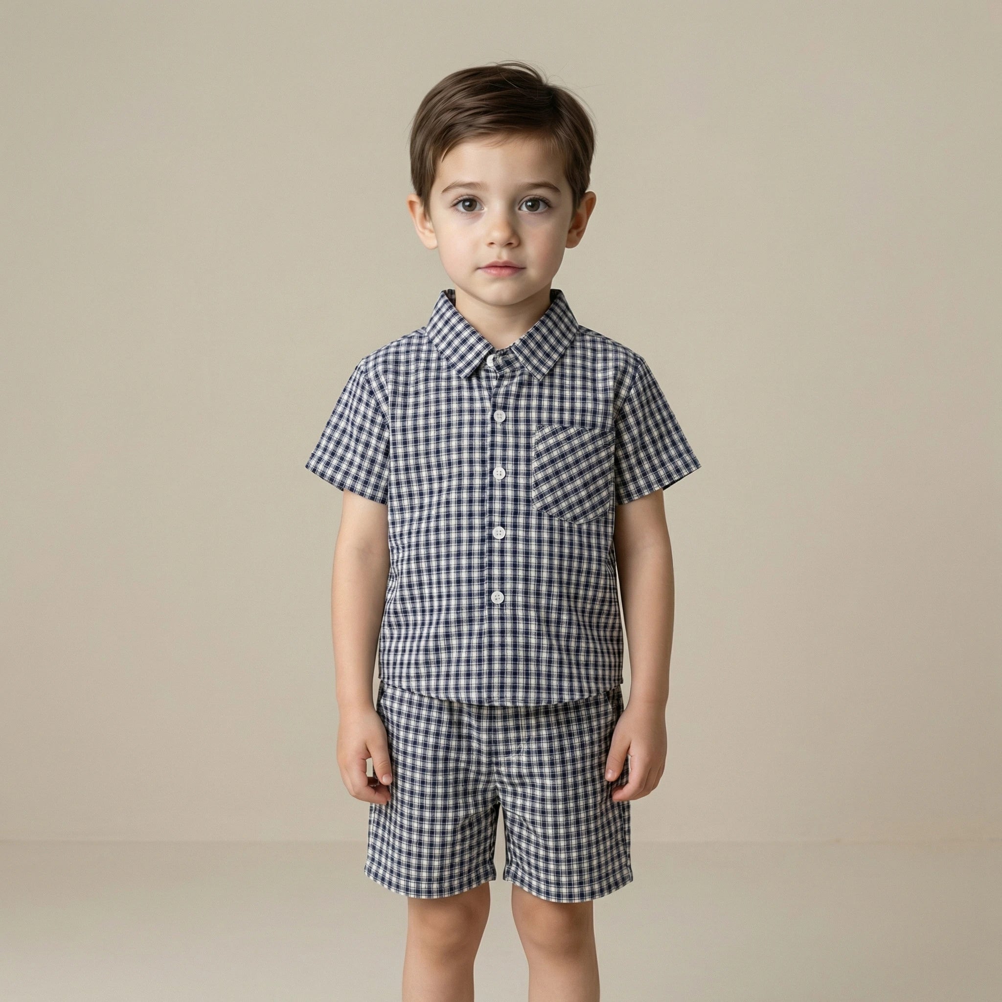 2026 New Summer Casual Children Set Boys Plaid Short Sleeve Shirt+Elastic Waist Shorts 2Pcs Clothes Cotton Thin Kids Suit