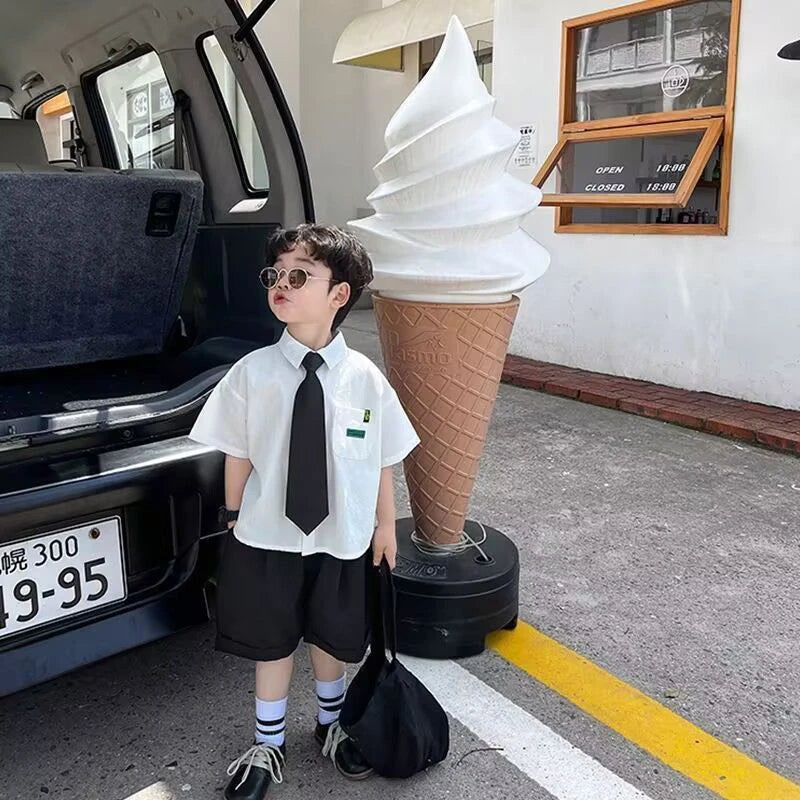 Boys Summer Formal Clothing Set 3PC Gentleman Outfit Short Sleeve Shirt Shorts with Tie for Toddler Kids Party School Daily Wear