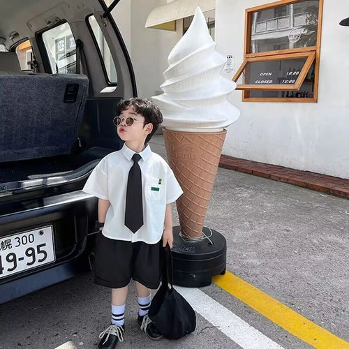 Boys Summer Formal Clothing Set 3PC Gentleman Outfit Short Sleeve Shirt Shorts with Tie for Toddler Kids Party School Daily Wear