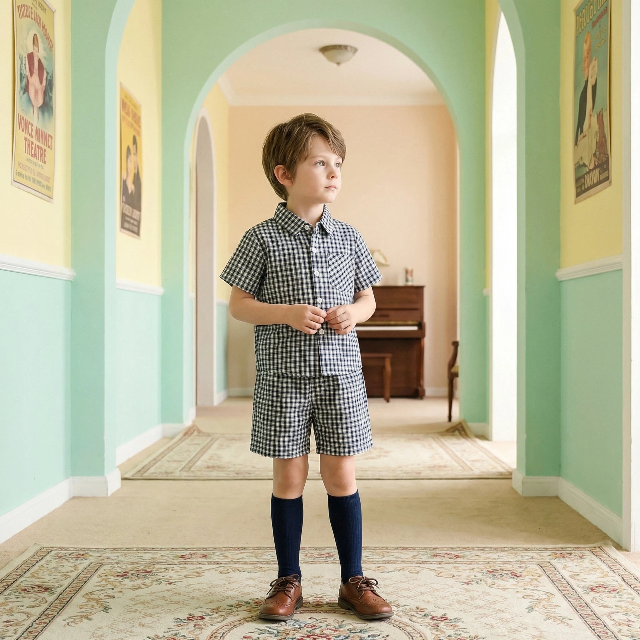 2026 New Summer Casual Children Set Boys Plaid Short Sleeve Shirt+Elastic Waist Shorts 2Pcs Clothes Cotton Thin Kids Suit