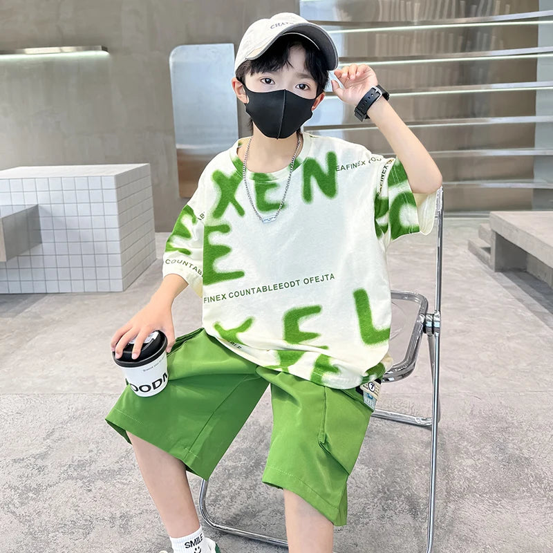 New Fashion Tween Boys Summer Sets Clothing Kids Cotton T-shirt Shorts 2 Pieces Tracksuit Age 5 6 7 8 9 10 11 12 13 14 Years Old